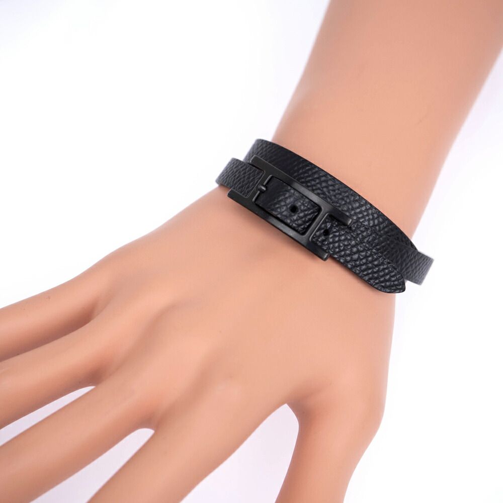 Hermes Leather Bracelet Behapi Double Tour Sole Black Swift T4 — view 9