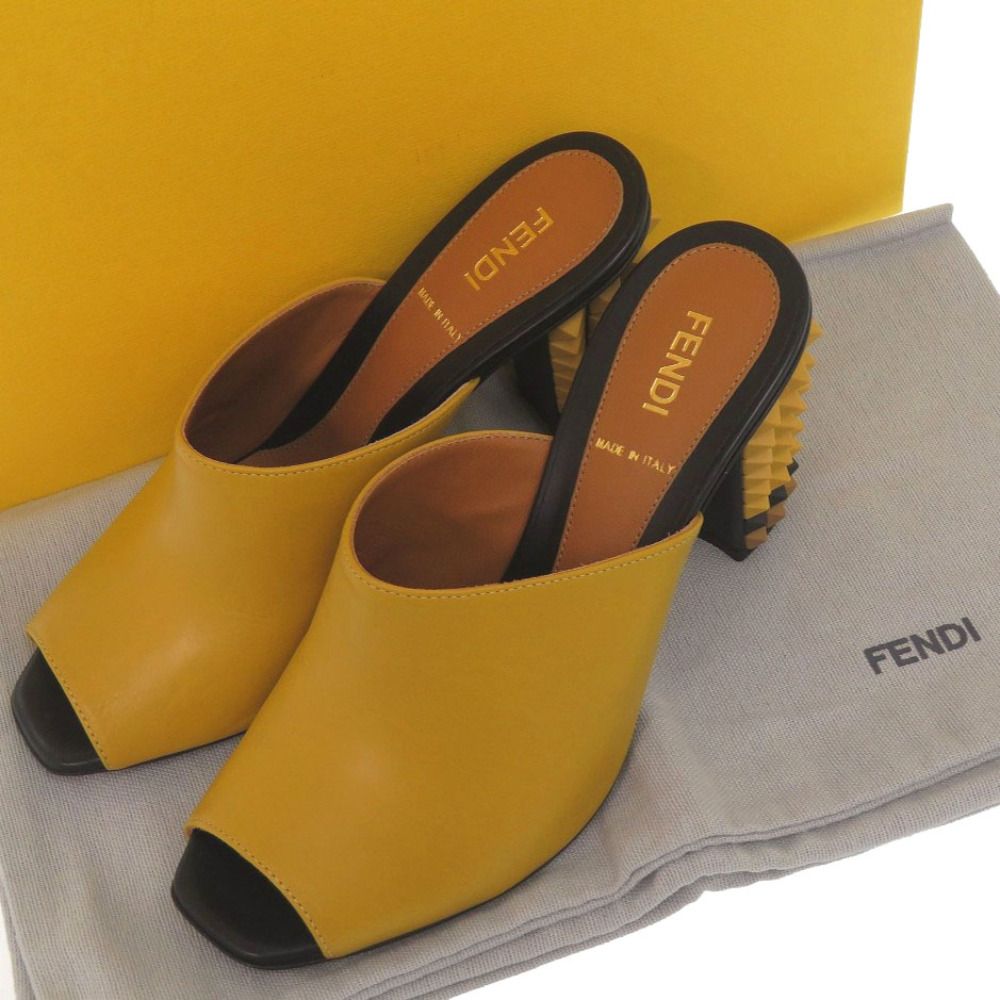 Fendi Pyramid Stud Heel Sandals 35.5 Leather Yellow Black Shoes — view 2