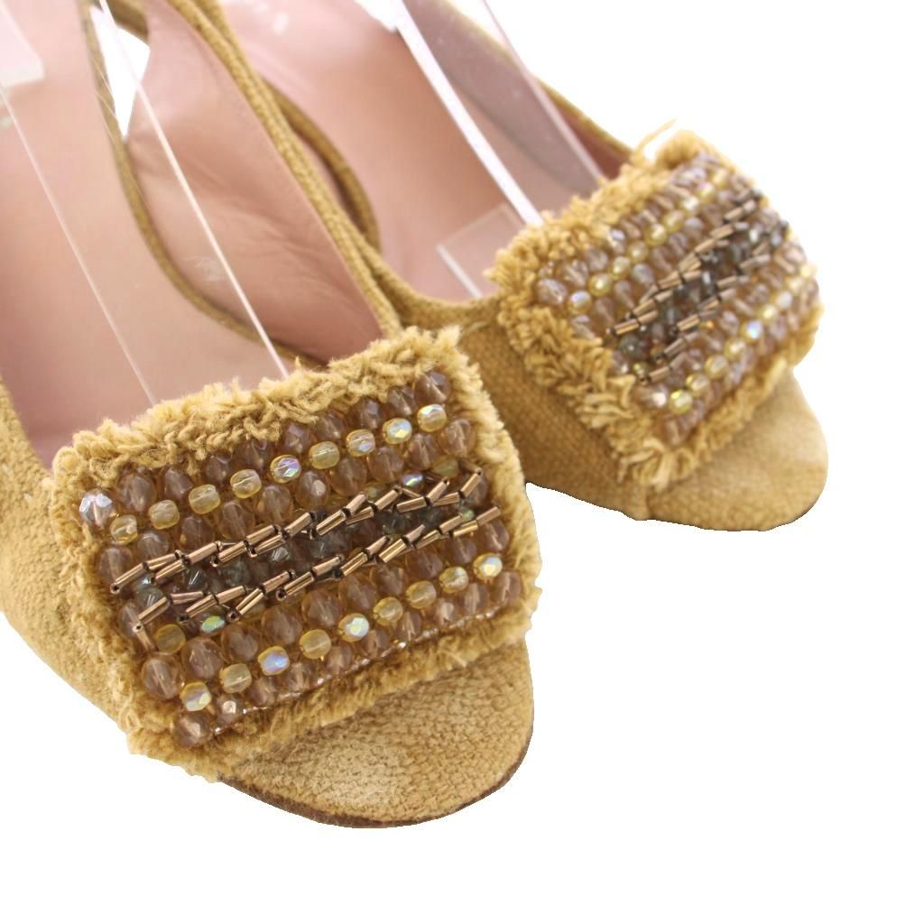 Prada Wedge Sole Sandals Strap Beads 37.5 Beige TK — view 3