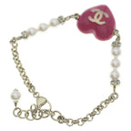 Chanel CC Logo Rhinestone Costume Pearl Gold Pink Bracelet — view 2