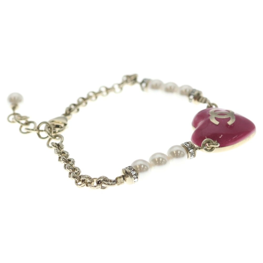Chanel CC Logo Rhinestone Costume Pearl Gold Pink Bracelet — view 3