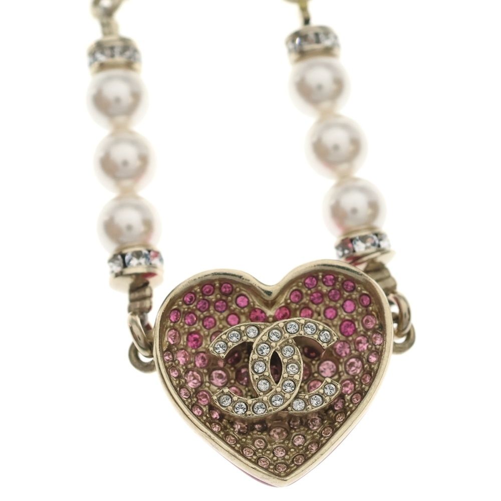 Chanel CC Logo Rhinestone Costume Pearl Gold Pink Bracelet — view 5