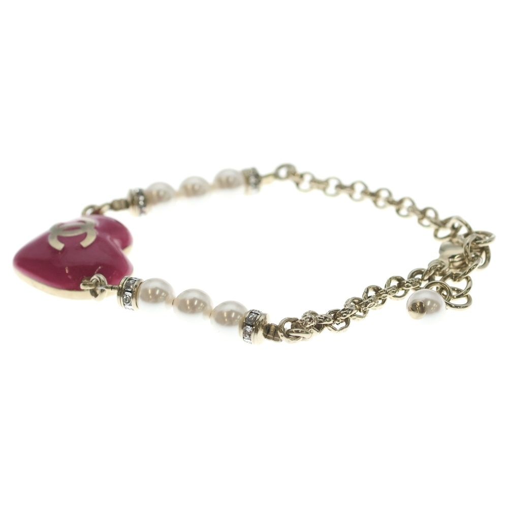 Chanel CC Logo Rhinestone Costume Pearl Gold Pink Bracelet — view 4