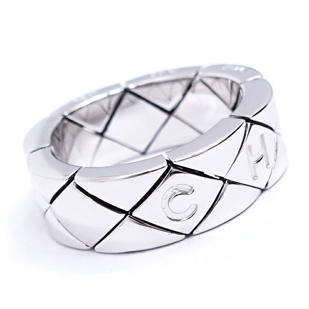 Chanel 18k White Gold Quilted Ring Logo Bullion Polished