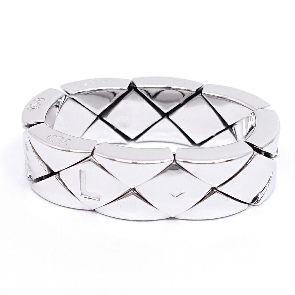 Chanel 18k White Gold Quilted Ring Logo Bullion Polished