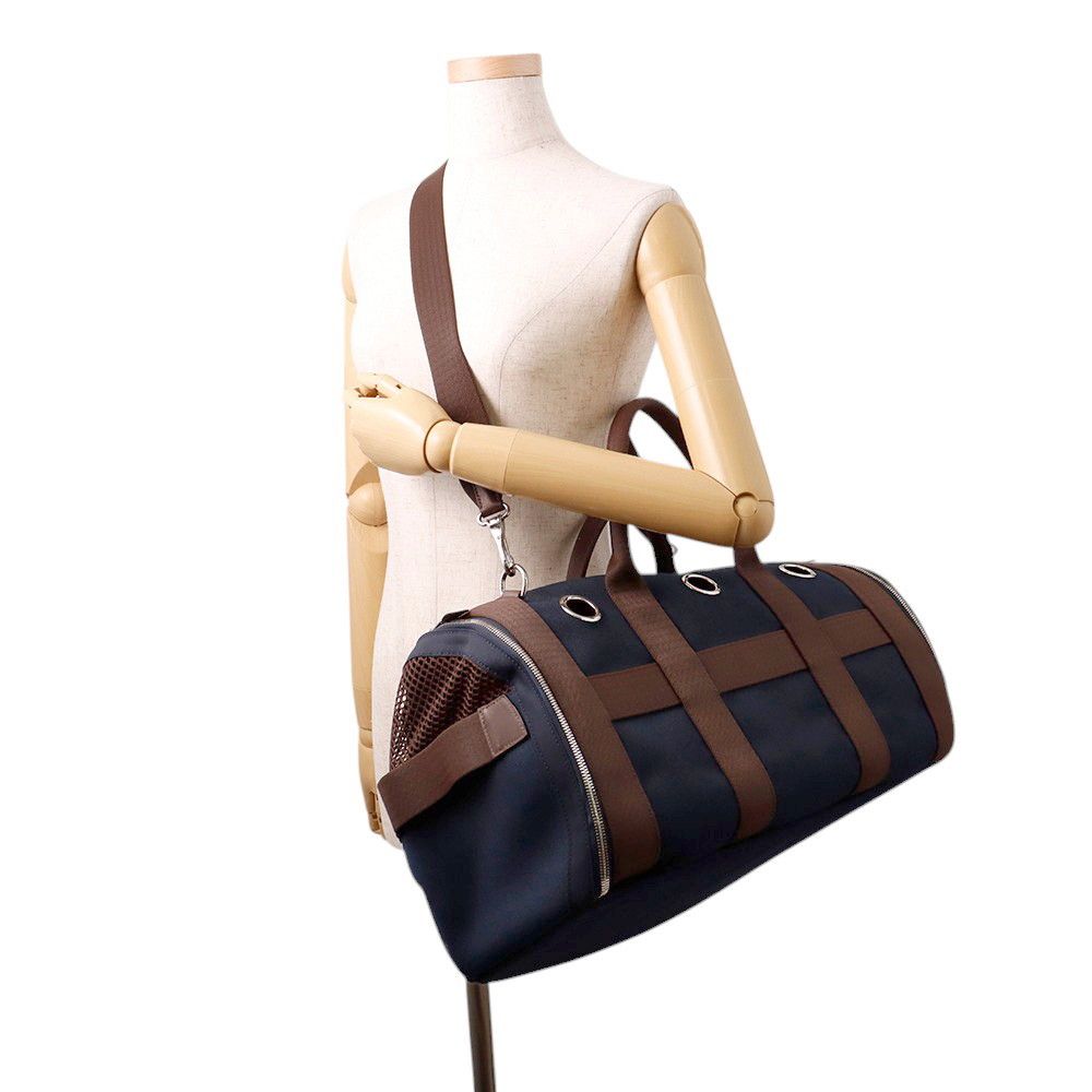 Hermes Dog Carrier Bag Navy Brown Silver Canvas Small — view 5