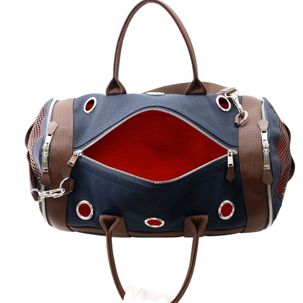 Hermes Dog Carrier Bag Navy Brown Silver Canvas Small — view 6