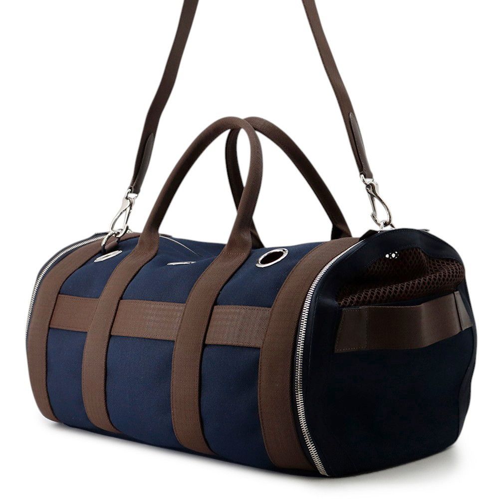 Hermes Dog Carrier Bag Navy Brown Silver Canvas Small — view 2