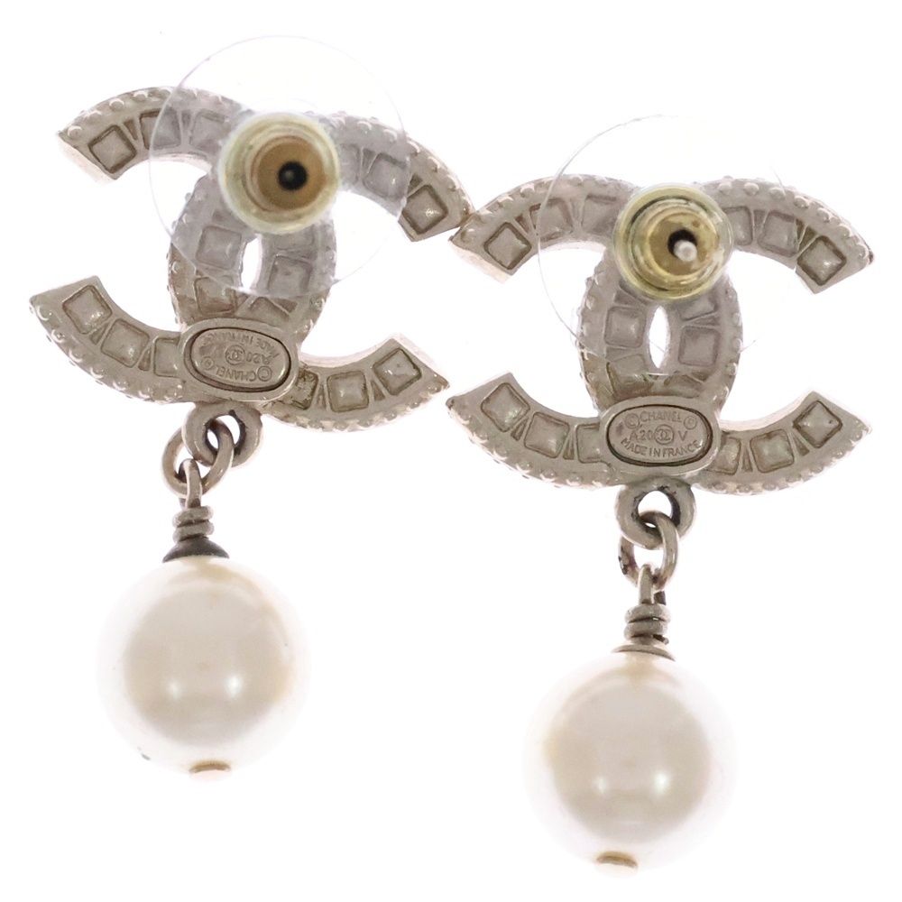 Chanel Pearl Logo Rhinestone CC Earrings White Gold — view 2