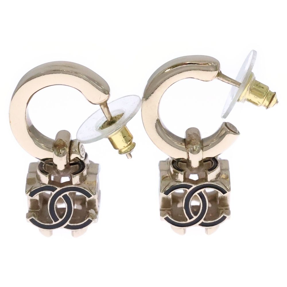 Chanel CC Logo Hoop Earrings Gold Black — view 4