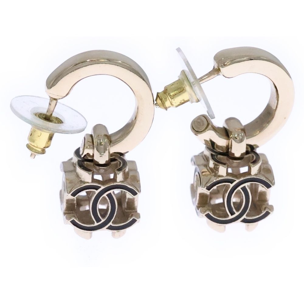 Chanel CC Logo Hoop Earrings Gold Black — view 3