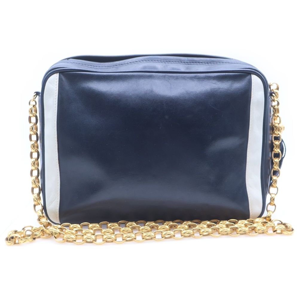 Chanel CC Logo Fringe Chain Shoulder Bag White Navy Leather Gold — view 2