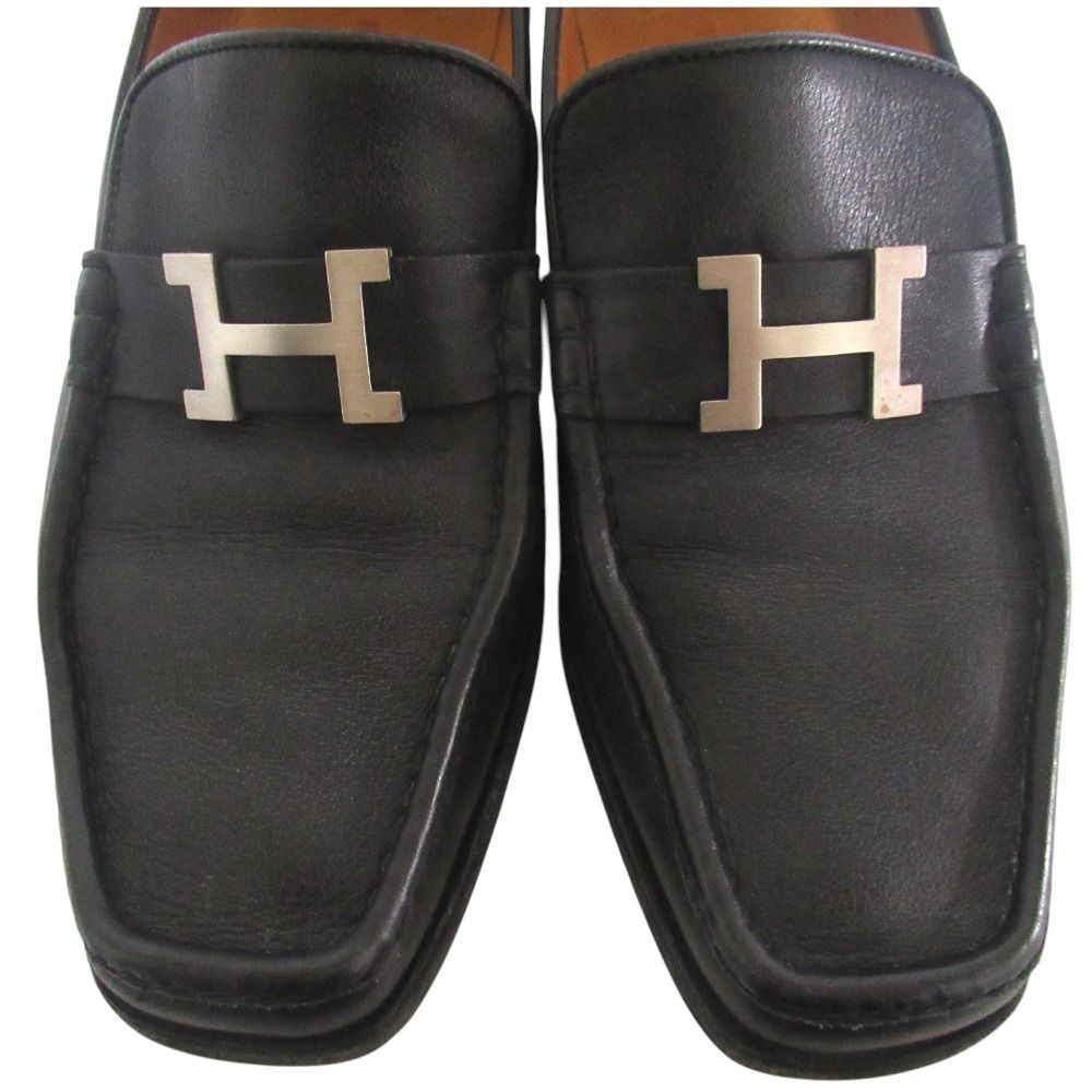 Hermes Constance H Logo Buckle Leather Loafers Shoes 39 Black Silver — view 4