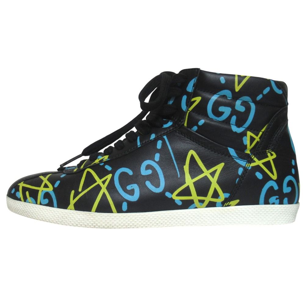 Gucci Ghost Print Leather High Cut Sneakers Shoes 35.5 Black — view 2