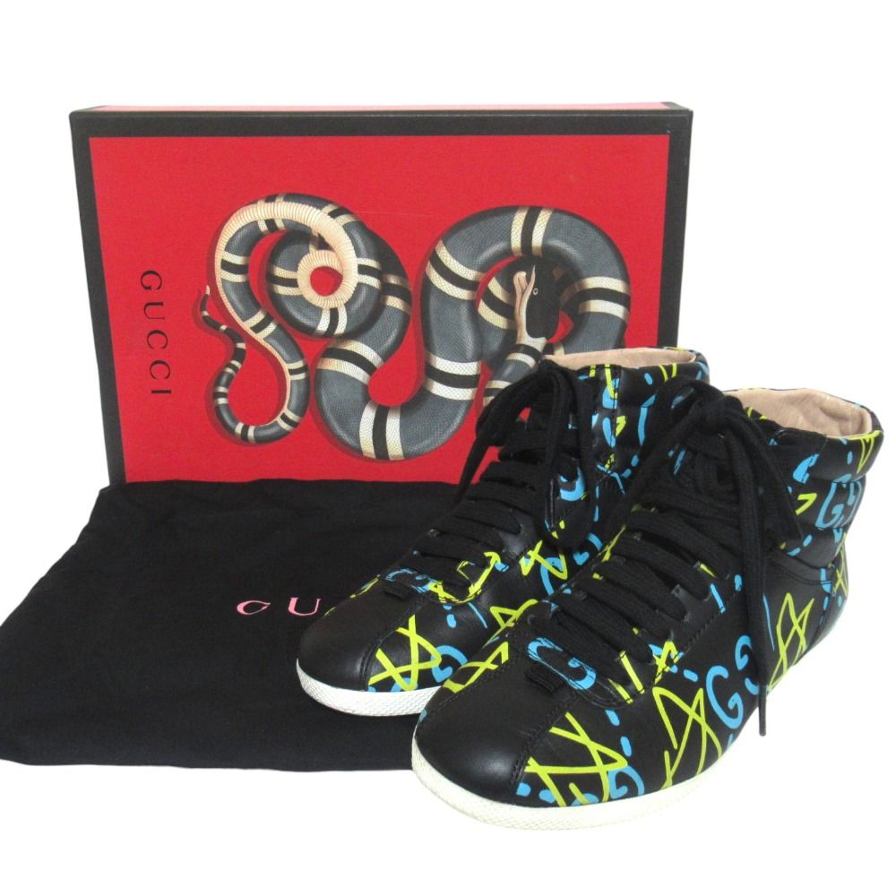 Gucci Ghost Print Leather High Cut Sneakers Shoes 35.5 Black — view 7