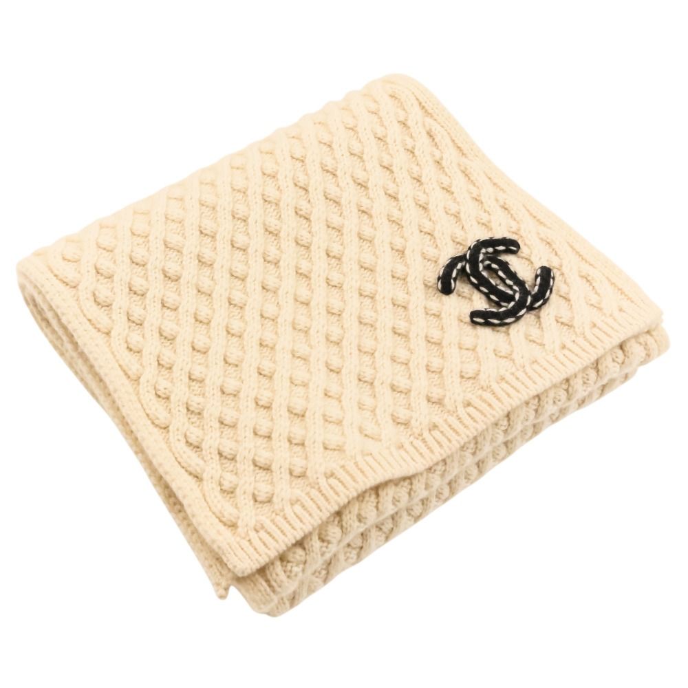 Chanel CC Logo Cashmere Mushroom Blue Knit Scarf Beige Sweater — view 3