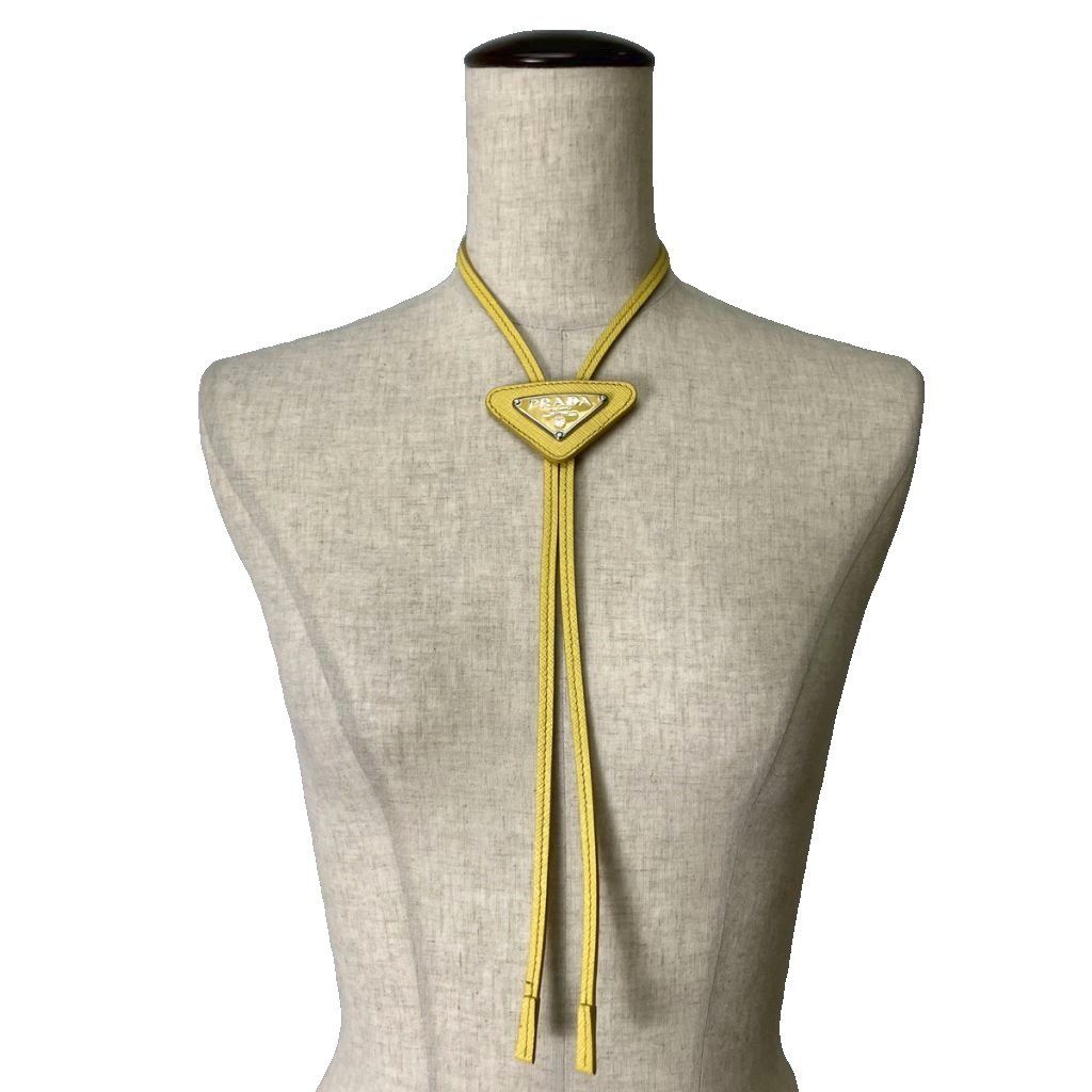 Prada Saffiano Triangle Logo Loupe Tie Leather Tie Yellow — view 8