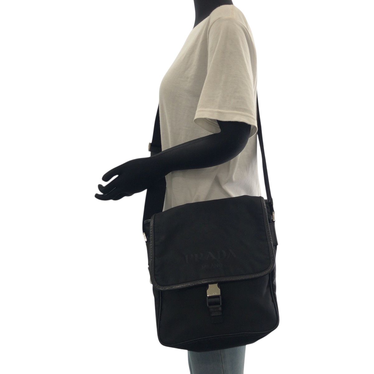 Prada Tessuto Logo Black Silver Nylon Shoulder Bag — view 7