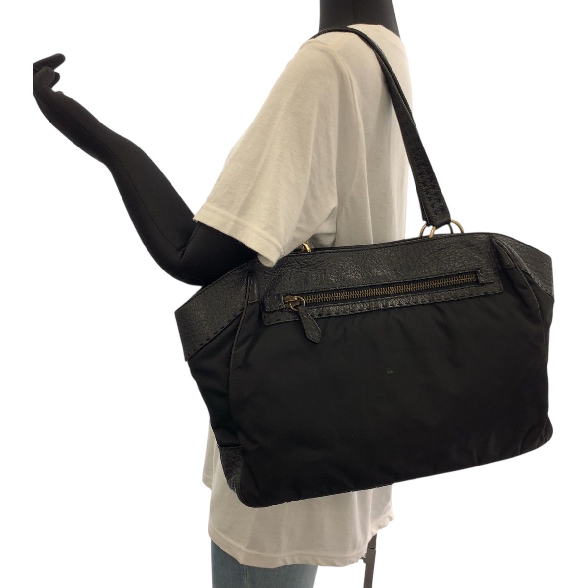 Prada Vitello Daino Tessuto Black Leather Nylon Shoulder Bag — view 7