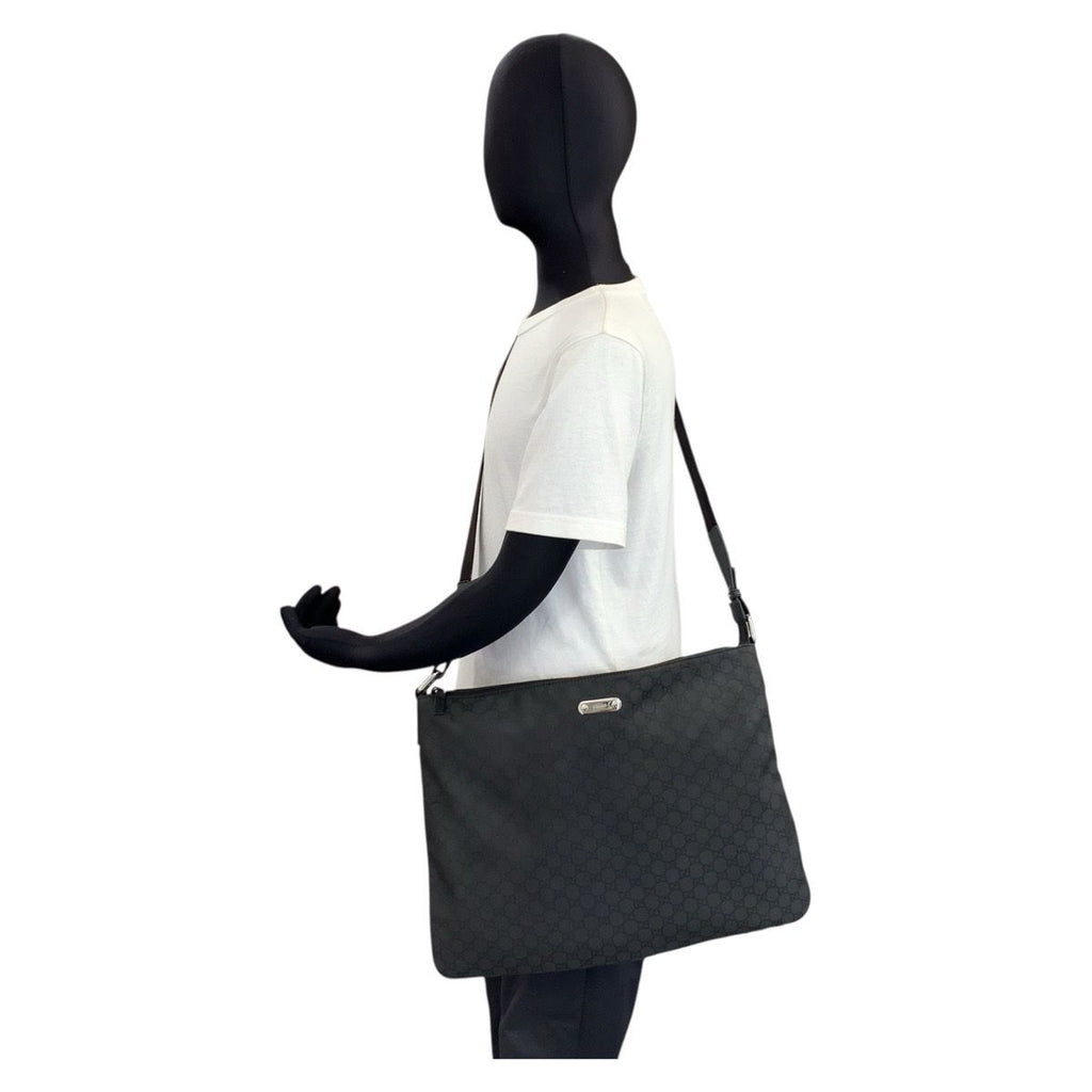 Gucci GG Pattern Black Silver Nylon Leather Shoulder Bag — view 7