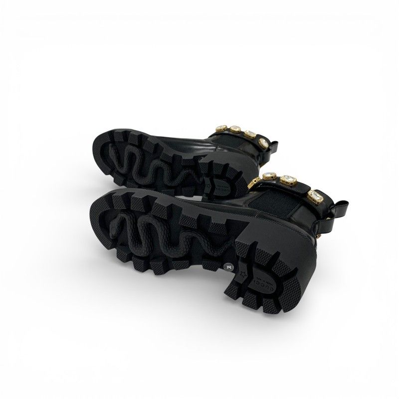 Gucci Short Boots Shoes Leather Black Double Bijoux Belt Side Gore GG Marmont — view 6