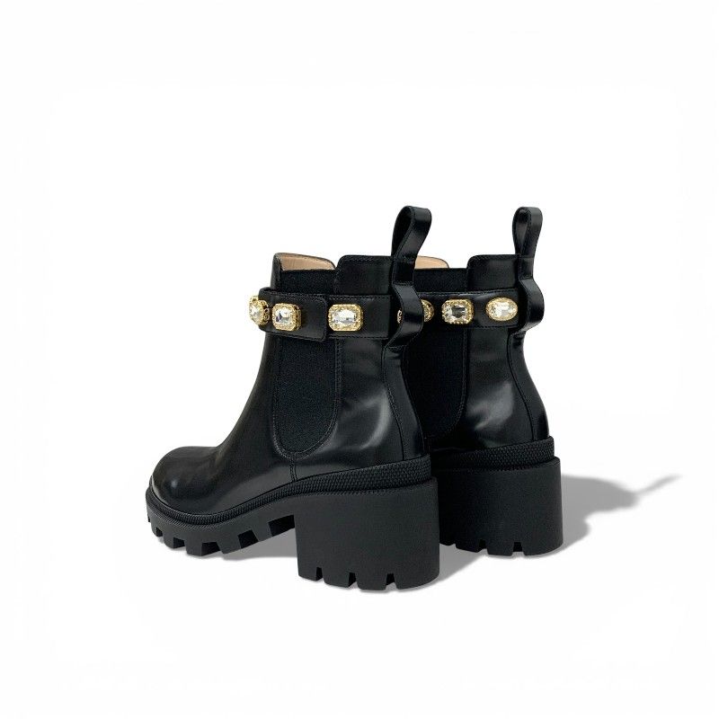 Gucci Short Boots Shoes Leather Black Double Bijoux Belt Side Gore GG Marmont — view 4