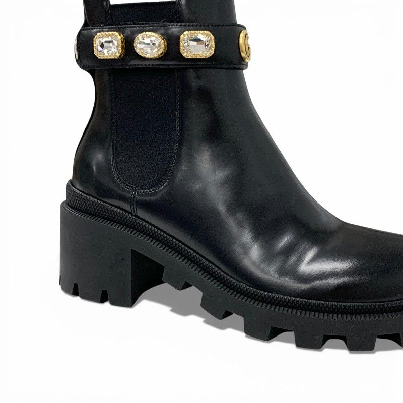 Gucci Short Boots Shoes Leather Black Double Bijoux Belt Side Gore GG Marmont — view 9