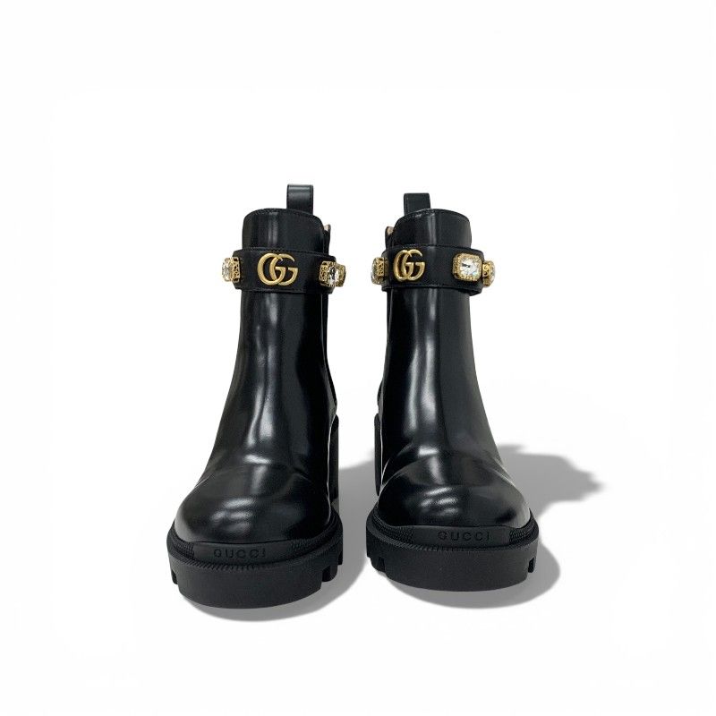 Gucci Short Boots Shoes Leather Black Double Bijoux Belt Side Gore GG Marmont — view 2