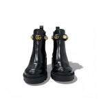 Gucci Short Boots Shoes Leather Black Double Bijoux Belt Side Gore GG Marmont — view 2