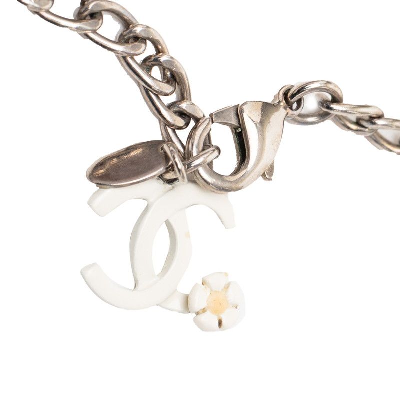 Chanel Camellia CC Logo Chain Pendant Necklace White Silver Metal Enamel — view 2