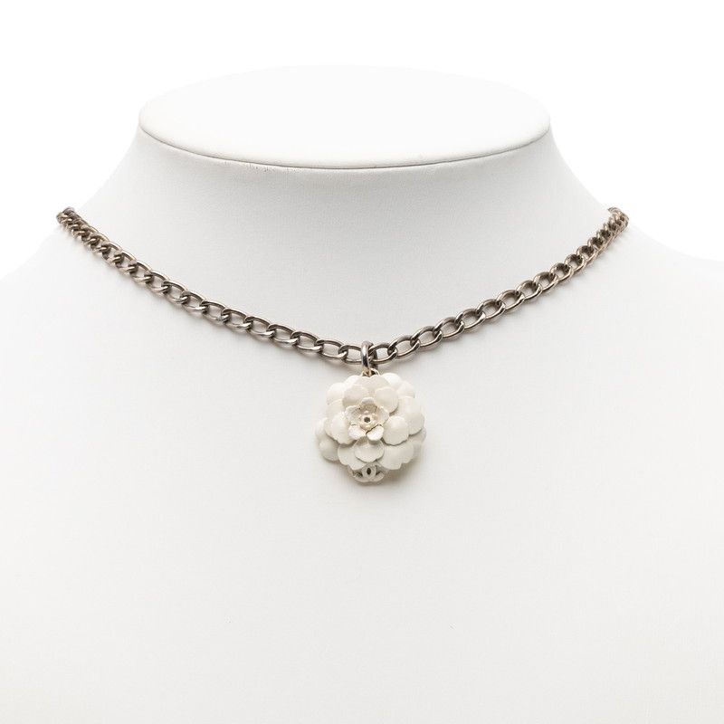 Chanel Camellia CC Logo Chain Pendant Necklace White Silver Metal Enamel — view 4