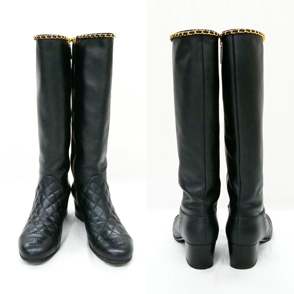 Chanel Chain Long Boots 38.5 Black Gold Quilted Shoes — view 4