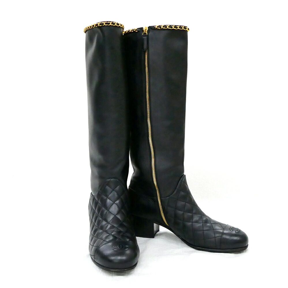 Chanel Chain Long Boots 38.5 Black Gold Quilted Shoes — view 3