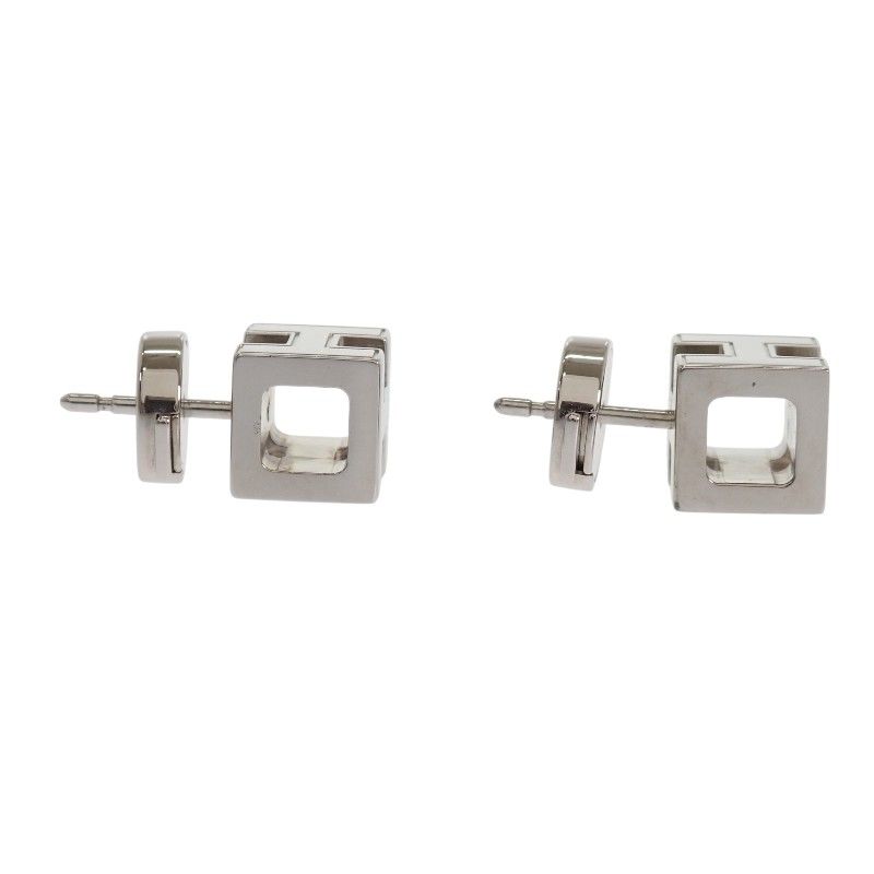 Hermes Cage Ash Cube Earrings Stud Both Ears Metal Blue Silver