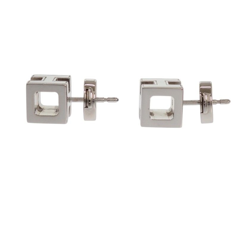 Hermes Cage Ash Cube Earrings Stud Both Ears Metal Blue Silver
