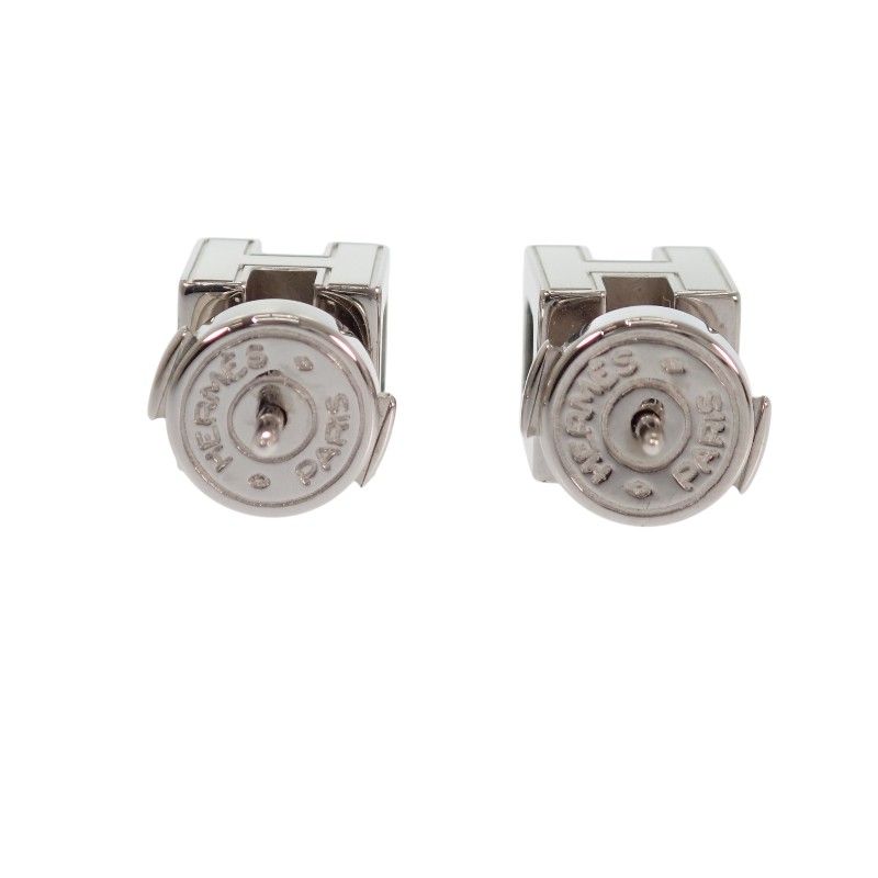 Hermes Cage Ash Cube Earrings Stud Both Ears Metal Blue Silver