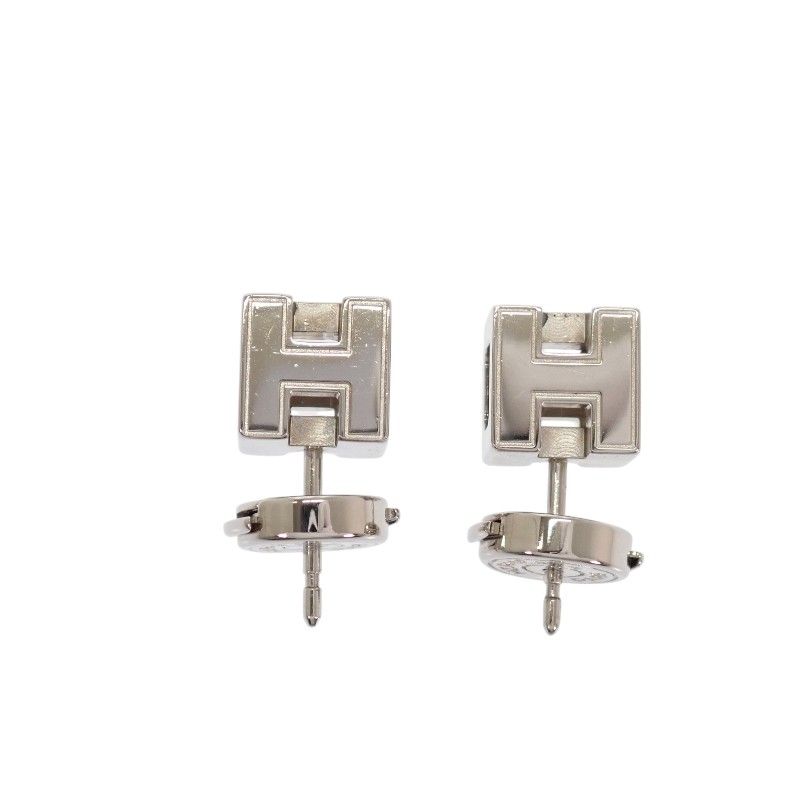 Hermes Cage Ash Cube Earrings Stud Both Ears Metal Blue Silver