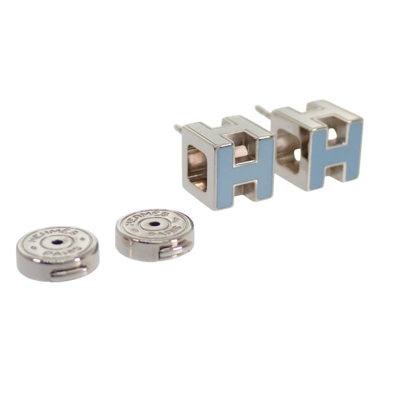 Hermes Cage Ash Cube Earrings Stud Both Ears Metal Blue Silver