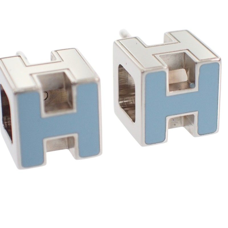 Hermes Cage Ash Cube Earrings Stud Both Ears Metal Blue Silver