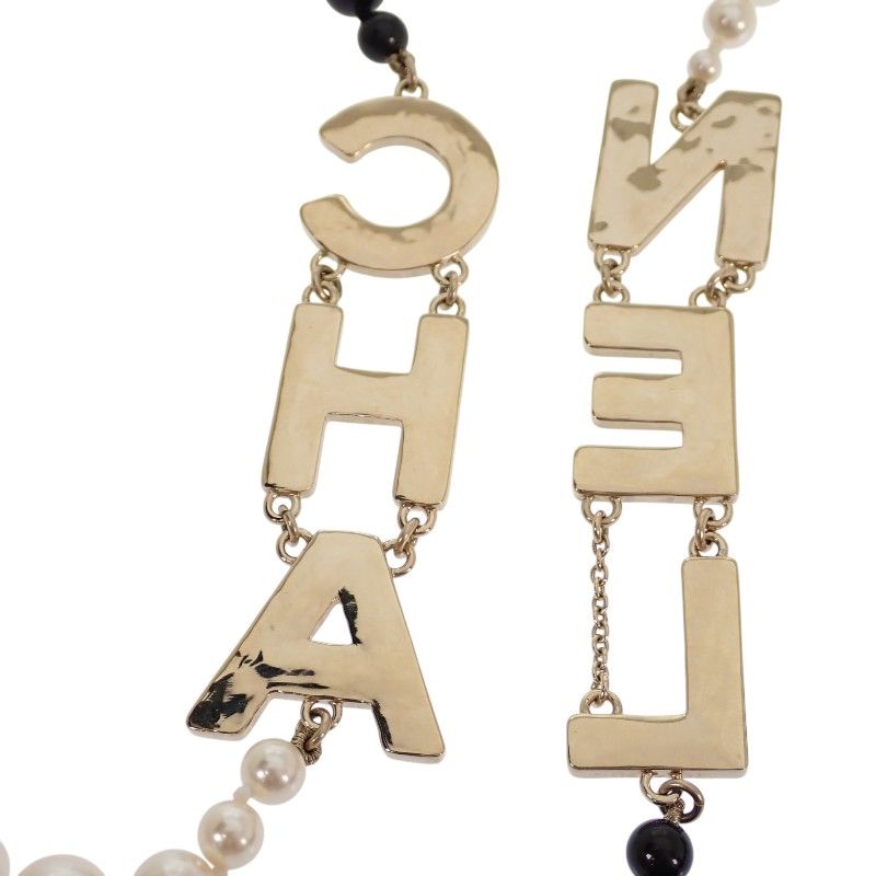 Chanel CC Logo Pearl Long Necklace Metal Faux Black White Gold — view 6