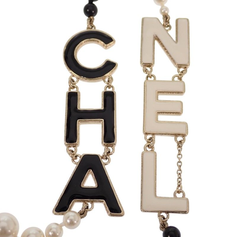 Chanel CC Logo Pearl Long Necklace Metal Faux Black White Gold — view 5