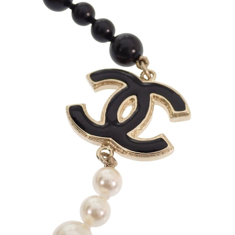 Chanel CC Logo Pearl Long Necklace Metal Faux Black White Gold — view 7