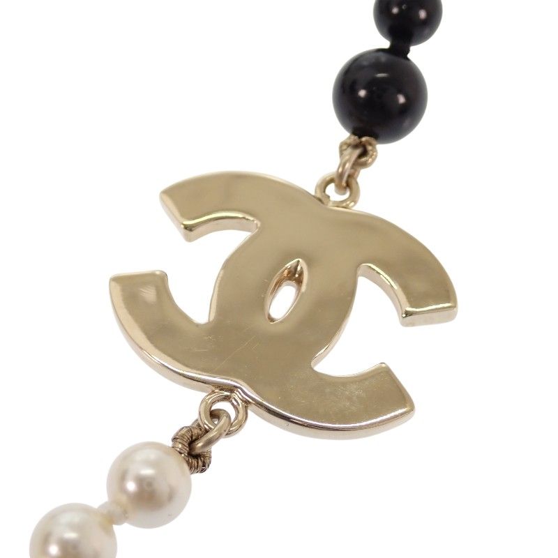 Chanel CC Logo Pearl Long Necklace Metal Faux Black White Gold — view 8