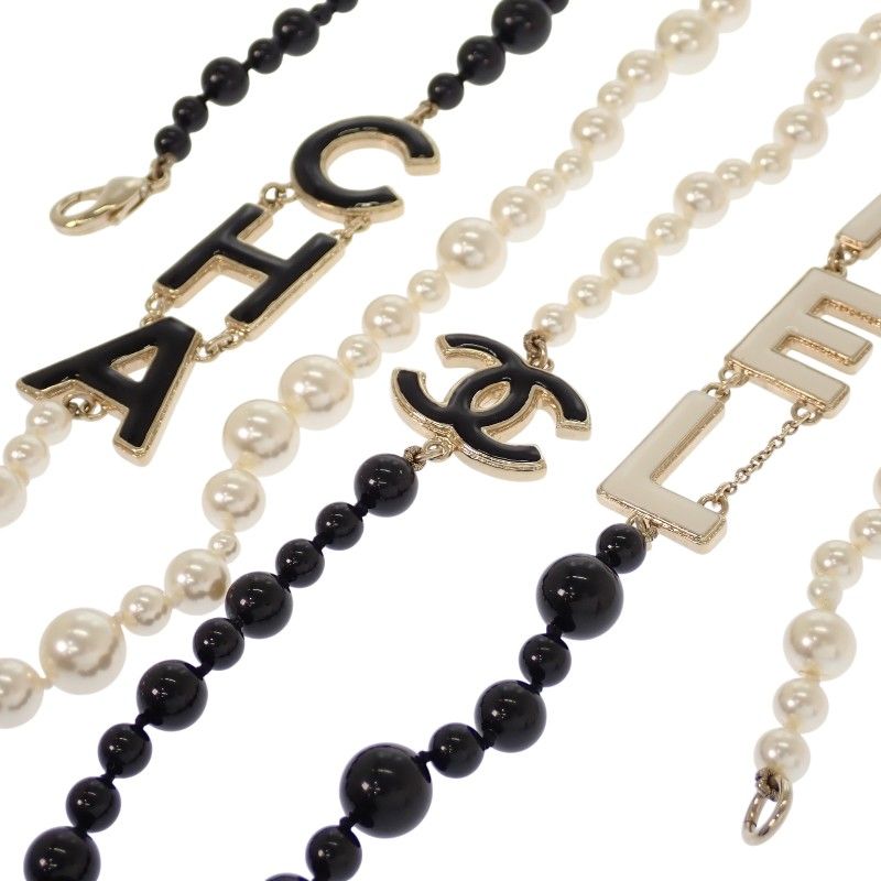 Chanel CC Logo Pearl Long Necklace Metal Faux Black White Gold — view 4