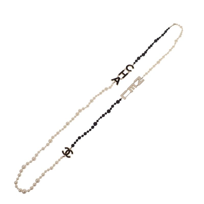 Chanel CC Logo Pearl Long Necklace Metal Faux Black White Gold — view 2