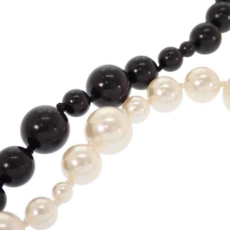 Chanel CC Logo Pearl Long Necklace Metal Faux Black White Gold — view 9