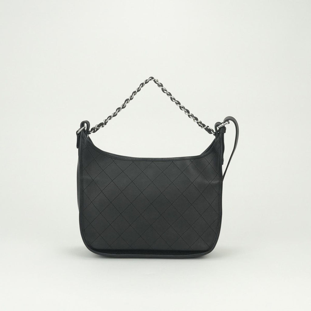 Chanel Quilted Tote Shoulder Bag Calfskin Black Silver CC Logo — view 3
