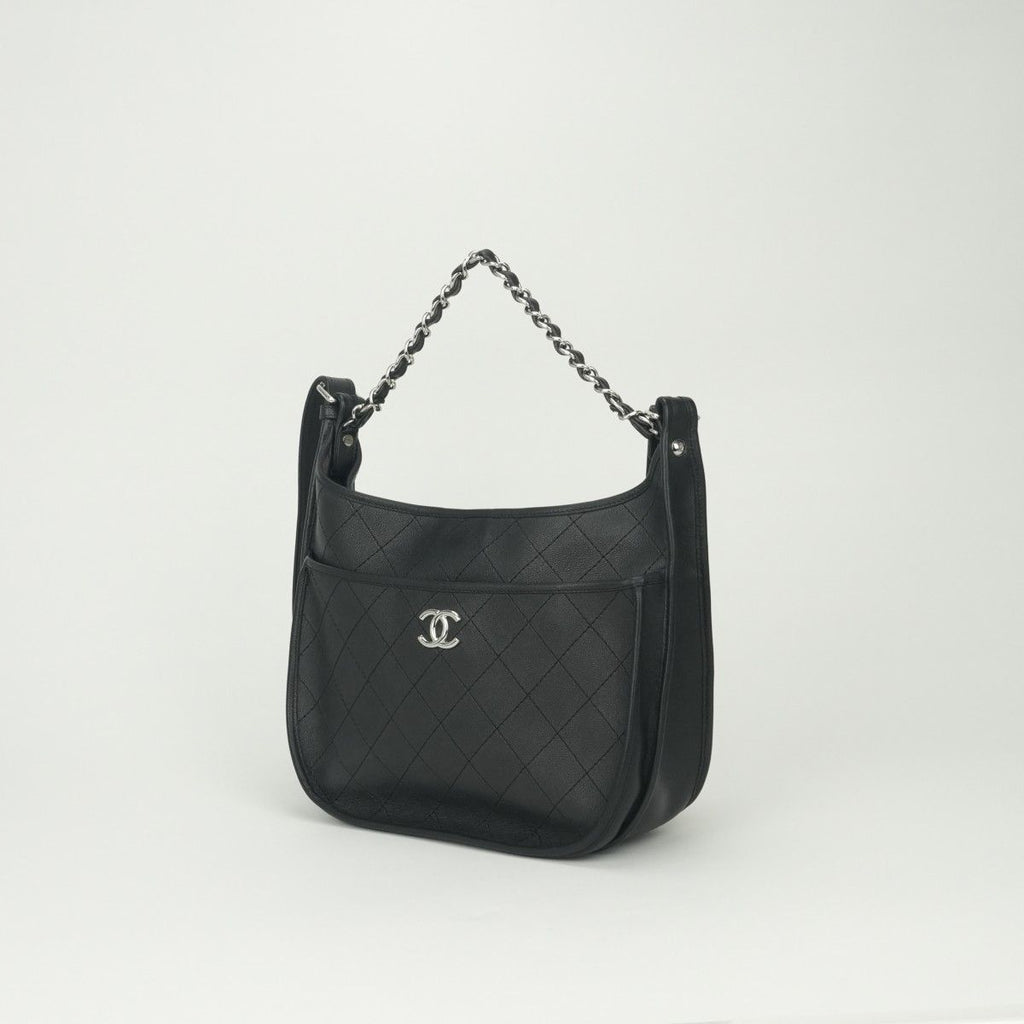 Chanel Quilted Tote Shoulder Bag Calfskin Black Silver CC Logo — view 2
