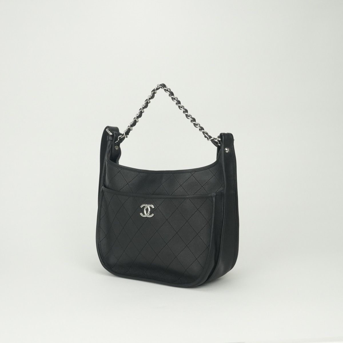 Chanel Quilted Tote Shoulder Bag Calfskin Black Silver CC Logo — view 2