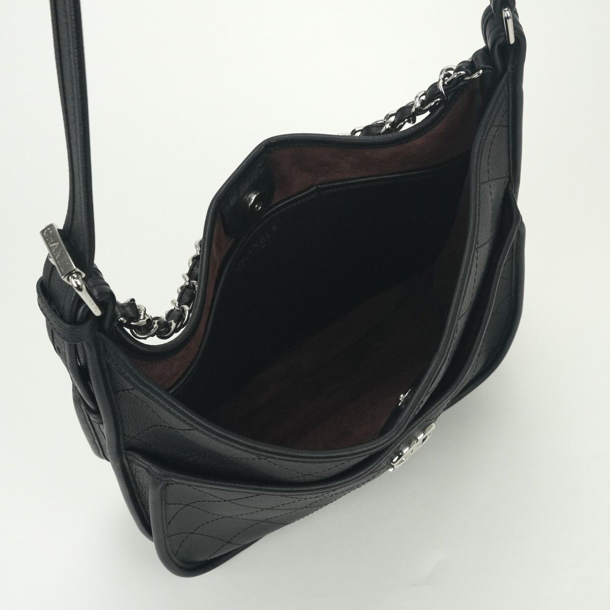 Chanel Quilted Tote Shoulder Bag Calfskin Black Silver CC Logo — view 9
